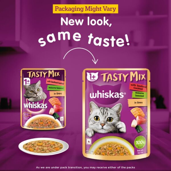61PoHefURFL._SL1100_.jpg Whiskas Tasty Mix Adult (1+ year) Wet Cat Food, Seafood Cocktail Wakame Seaweed in Gravy, 70 g, Cat Food Made with Real Fish, Complete & Balanced Nutrition for Adult Cats