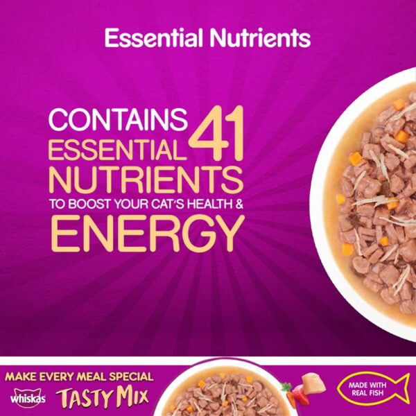 61QEYw7HML._SL1000_.jpg Whiskas Tasty Mix, Adult (1+ Years) Wet Cat Food with Real Fish, Chicken with Tuna and Carrot in Gravy Flavour, 12 x 70 g Pouches