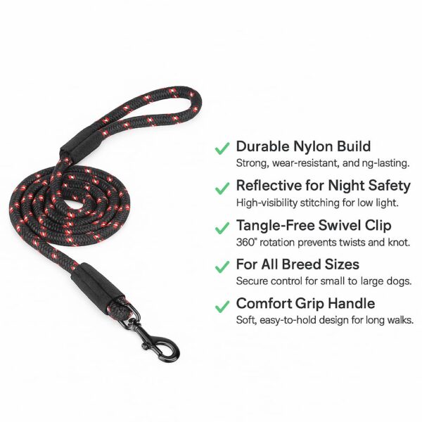 Zigly Lifestyle Reflective Rope Dog Leash – XS (9mm) - Black | Durable Training Rope Leash for Puppies & Toy Breeds | Lightweight, Comfortable Grip Strong Leash for Daily Walks