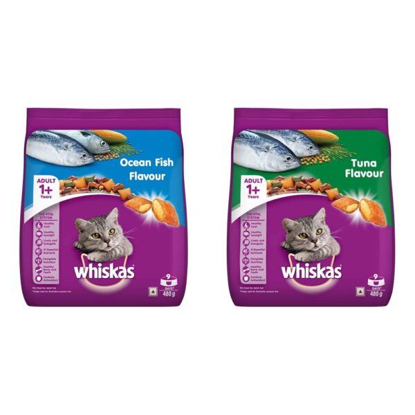 Whiskas Adult (+1 Year) Dry Cat Food, Ocean Fish Flavour, Whiskas Adult (+1 Year) Dry Cat Food, Ocean Fish Flavour, 480g Pack & Adult (+1 Year) Dry Cat Food, Tuna Flavour, 480g Pack