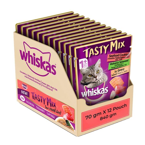 Whiskas Tasty Mix, Adult (1+ Years) Wet Cat Food with Whiskas Tasty Mix, Adult (1+ Years) Wet Cat Food with Real Fish, Seafood Cocktail Wakame Seaweed in Gravy Flavour, 12 x 70 g Pouches