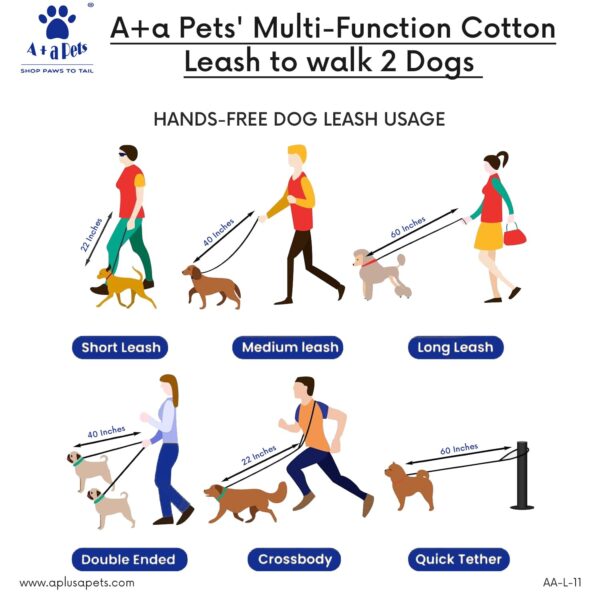 61TFUOqx2eL._SL1500_.jpg A+a Pets’ Multi-Function Cotton Leash to Walk 2 Dogs | Long, Short, Hands Free, Traffic, Running, Walking | Adjustable, Soft Comfortable (Pink & Purple)