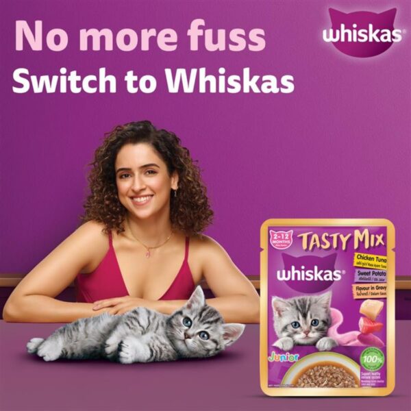 61TML3rcFFL._SL1100_.jpg Whiskas Tasty Mix Kitten (2-12 Months) Wet Cat Food, Chicken, Tuna with Sweet Potato in Gravy, 70 g x 14, 100% Complete & Balanced Nutrition for Kittens
