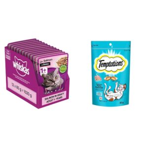 Whiskas Wet Cat Food Salmon Pack of 12 + Temptations Tuna Cat Treat