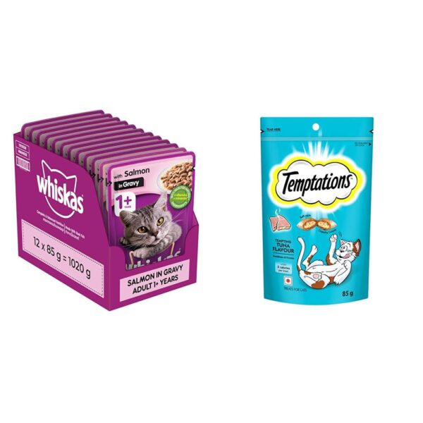 Whiskas Wet Cat Food Salmon Pack of 12 + Temptations Tuna Cat Treat