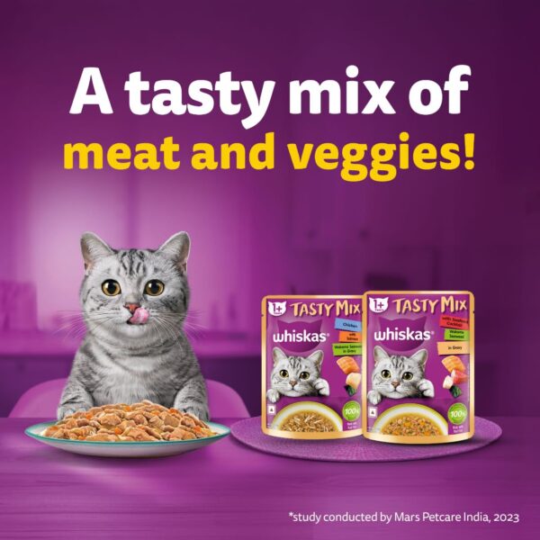 61Ug3ItmI4L._SL1100_.jpg Whiskas Tasty Mix Adult (1+ year) Wet Cat Food, Seafood Cocktail Wakame Seaweed in Gravy, 70 g, Cat Food Made with Real Fish, Complete & Balanced Nutrition for Adult Cats