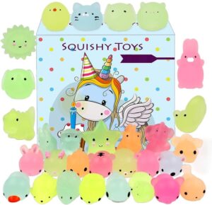 2 Pack Squishies Mochi Squishy Toys Glow in The Dark Party Favors for Kids - Mini Kawaii Squishies Mochi Animals Stress Relief Squishy Pack Squishy Cat Squishys with Storage Box