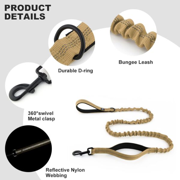 Hank Tactical Dog Leash | Stretchable Shock Absorbing | Heavy Duty Rope | 3M Reflective | Army Grade Metal Hook | Soft Handle | Suitable for Training, Walking, Adventure (Khaki 6 Feet)