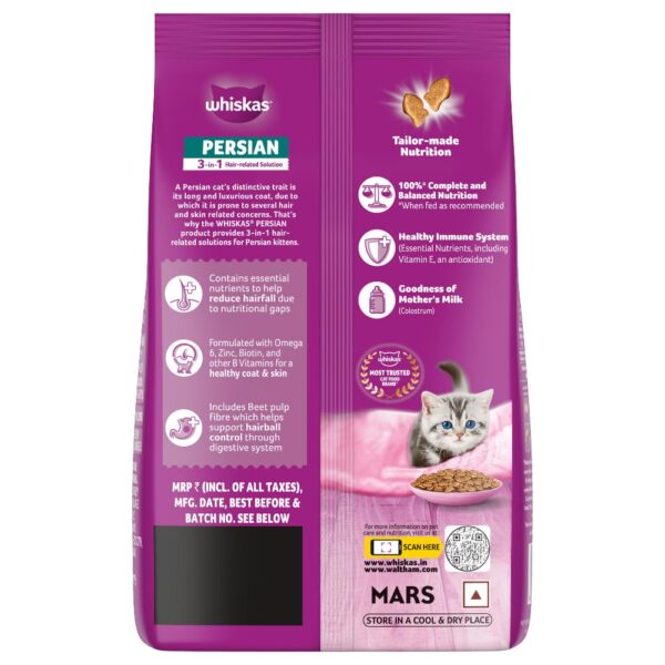 61X2h-VstbL._SL1001_.jpg Whiskas Persian Kitten (2-12 Months) Dry Cat Food, 1.1kg, 100% Complete & Balanced Tailor Made Nutrition, Reduces Hairfall, for Healthy Coat & Skin