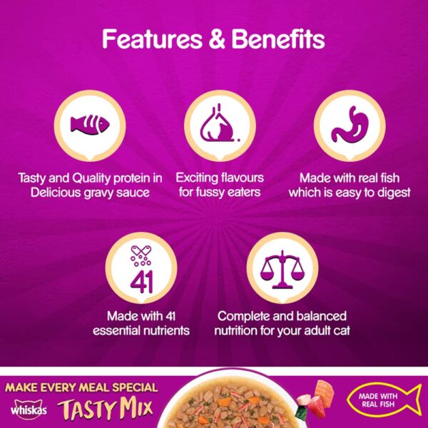 61X7UargzdL._SL1000_.jpg Whiskas Tasty Mix, Adult (1+ Years) Wet Cat Food with Real Fish, Seafood Cocktail Wakame Seaweed in Gravy Flavour, 12 x 70 g Pouches