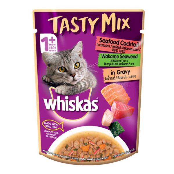61Xg19cAjML._SL1000_.jpg Whiskas Tasty Mix, Adult (1+ Years) Wet Cat Food with Real Fish, Seafood Cocktail Wakame Seaweed in Gravy Flavour, 12 x 70 g Pouches