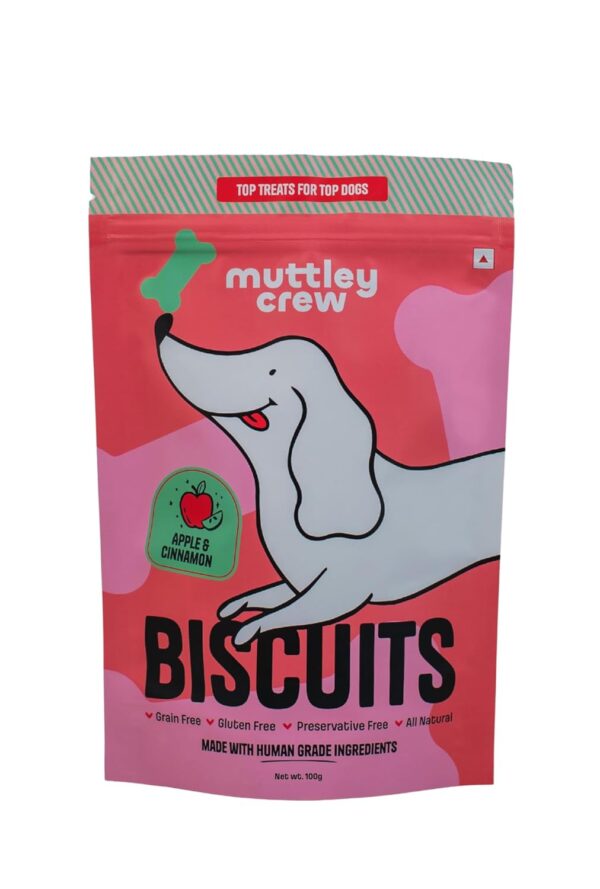 Muttley Crew Apple & Cinnamon Dog Biscuits with Real Eggs Muttley Crew Apple & Cinnamon Dog Biscuits with Real Eggs | Healthy Adult Dog Treats for Easy Digestion | All Natural | Grain-Free | Gluten-Free | No Preservatives | No Added Flavour (100 Gram)