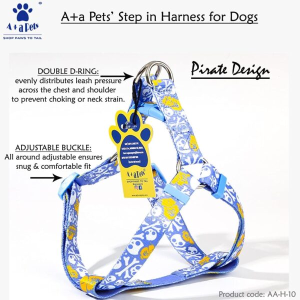 A+a Pets' Step in Harness for Dogs Cats Puppies in Soft Nylon Waterproof Material (Pirate Design, Medium, Sky Blue)