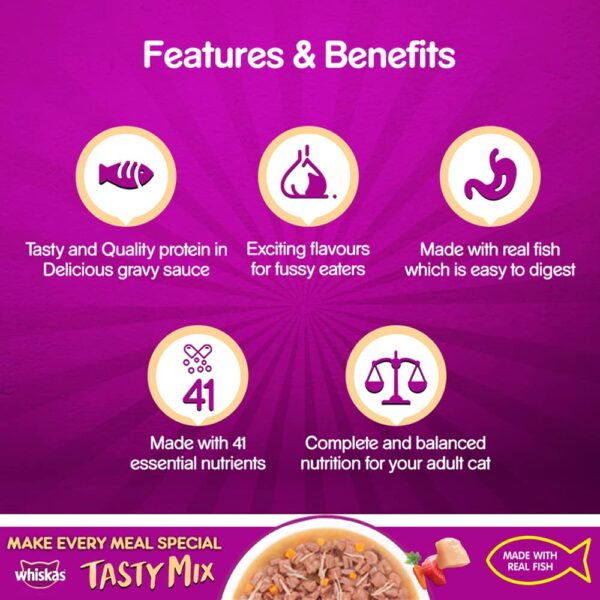 61Z76z0A5LL._SL1000_.jpg Whiskas Tasty Mix, Adult (1+ Years) Wet Cat Food with Real Fish, Chicken with Tuna and Carrot in Gravy Flavour, 12 x 70 g Pouches
