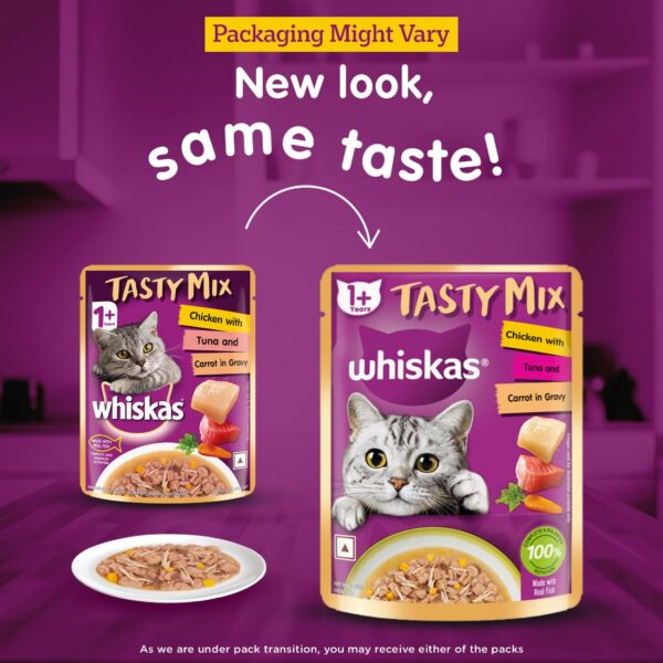 61Z7eY9-6qL._SL1100_.jpg Whiskas Tasty Mix Adult (1+ Year) Wet Cat Food, Chicken with Tuna & Carrot in Gravy, 70 g, Pack of 28| Made with Real Fish| Complete & Balanced Nutrition for Adult Cat