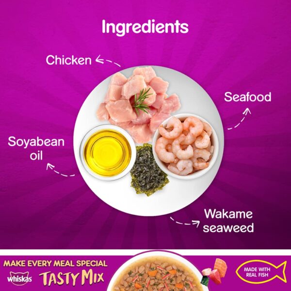 61a52Ww9OLL._SL1000_.jpg Whiskas Tasty Mix, Adult (1+ Years) Wet Cat Food with Real Fish, Seafood Cocktail Wakame Seaweed in Gravy Flavour, 12 x 70 g Pouches