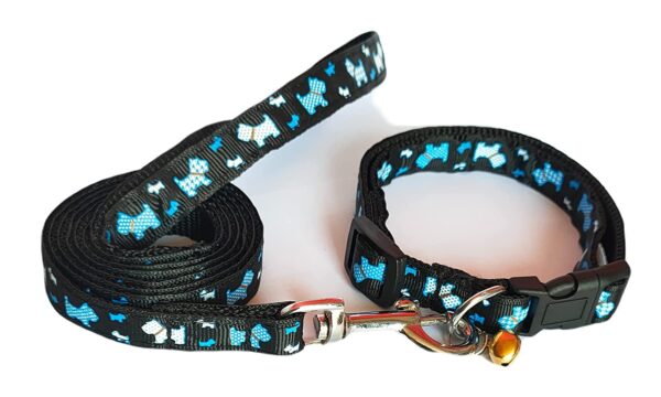PSK PET MART Dog Collar and Leash Set Puppy Printed, Adjustable Nylon Collar with Leash for Cat and Small Dogs, Quick Release and Breathable Collar Set for Puppies, Dog & Cat 10 MM (Black)