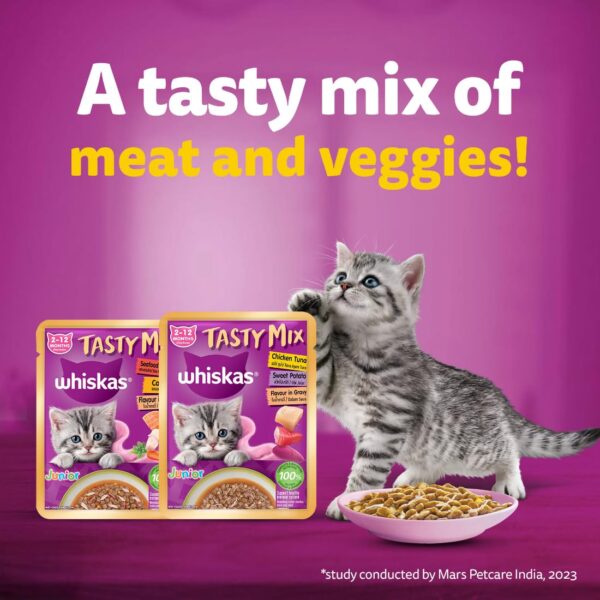 61c6QsEIGyL._SL1100_.jpg Whiskas Tasty Mix Kitten (2-12 Months) Wet Cat Food, Chicken, Tuna with Sweet Potato in Gravy, 70 g x 14, 100% Complete & Balanced Nutrition for Kittens
