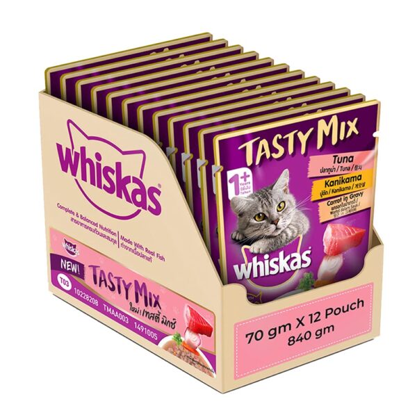 Whiskas Tasty Mix, Adult (1+ Years) Wet Cat Food with Whiskas Tasty Mix, Adult (1+ Years) Wet Cat Food with Real Fish, Tuna with Kanikama and Carrot in Gravy Flavour, 24 x 70 g Pouches