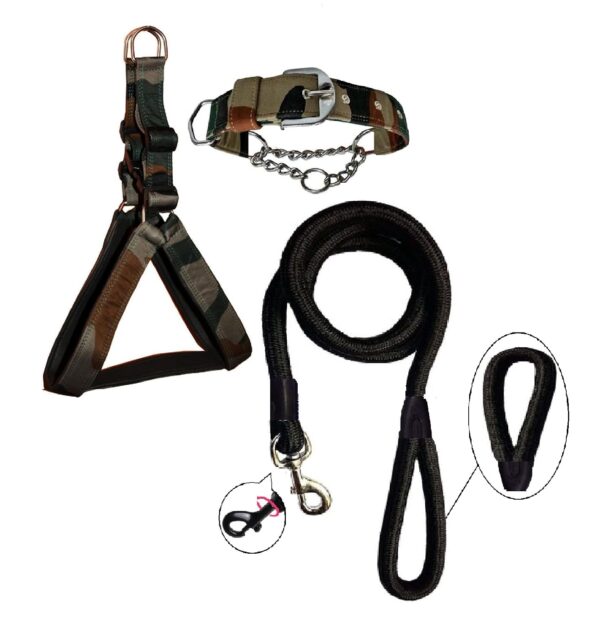 Hachiko:-(Combo of 3) Amazing Quality Nylon Padded Adjustable Dog Harness+Choke Hachiko:-(Combo of 3) Amazing Quality Nylon Padded Adjustable Dog Harness+Choke Collar+Rope(Small,Army-Black)