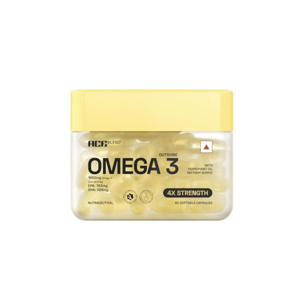 Ace Blend Outshine Omega 3 Fish Oil Capsules (60 Softgels) Ace Blend Outshine Omega 3 Fish Oil Capsules (60 Softgels) | 1650 Mg with 743 EPA & 528 DHA | 2 capsules for 4X Strength | No Fishy Burps | Supports Heart, Brain, Joints, Eye Health