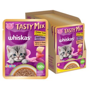 Whiskas Tasty Mix Kitten (2-12 Months) Wet Cat Food, Chicken, Tuna with Sweet Potato in Gravy, 70 g x 14, 100% Complete & Balanced Nutrition for Kittens