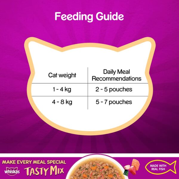 61f95duR5fL._SL1000_.jpg Whiskas Tasty Mix, Adult (1+ Years) Wet Cat Food with Real Fish, Seafood Cocktail Wakame Seaweed in Gravy Flavour, 12 x 70 g Pouches