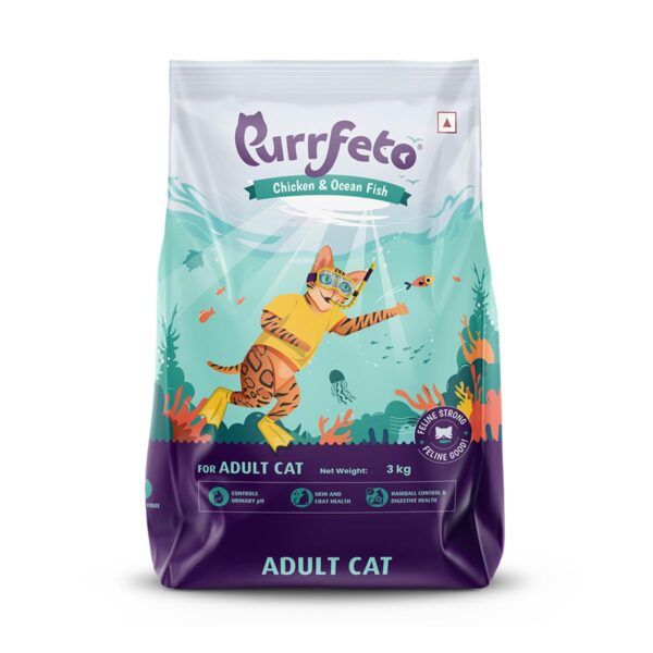 Adult Dry Cat Food | Chicken & Ocean Fish | Adult Dry Cat Food | Chicken & Ocean Fish | 3 kg | 40% Reduction in Urinary Track Diseases |Anti Hairball Formula |Healthy Skin & Coat |Improves Digestive Health