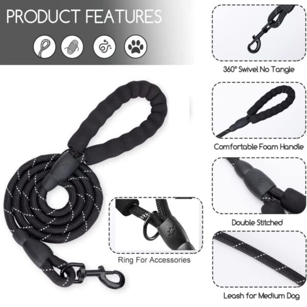 Heavy Duty Nylon Dog Leash, Anti Slip Padded Handle Long Dog Leash, Highly Reflective Leash for Dogs, Dog Rope for Small & Medium Dogs, Dog Training Leash, Black, 10MM 5 Feet Long.