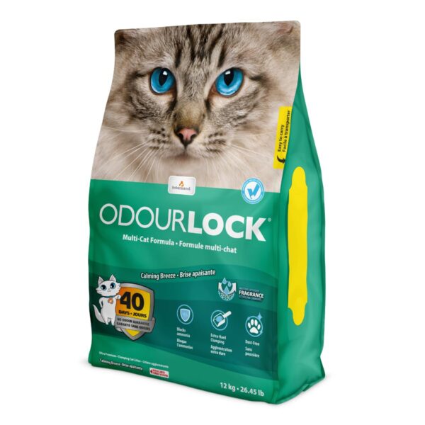 OdourLock Calming Breeze Scented Ultra Premium Cat Litter -Blocks Ammonia, Dust-Free, Extra-Hard Clumping, 40-Day Odor Control, Quick Absorption, No Tracking, Multi-Cat Friendly, Made in Canada 12kg
