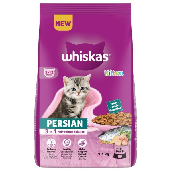 Whiskas Persian Kitten (2-12 Months) Dry Cat Food, 1.1kg, 100% Whiskas Persian Kitten (2-12 Months) Dry Cat Food, 1.1kg, 100% Complete & Balanced Tailor Made Nutrition, Reduces Hairfall, for Healthy Coat & Skin