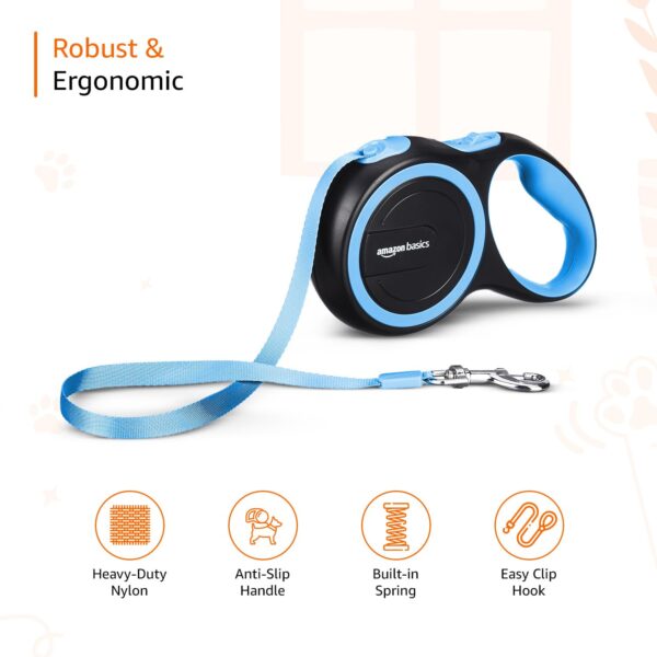 Amazon Basics Retractable Dog Leash | 5 Meter | for Large Dogs Up to 50 Kg | Heavy Duty Leash for Pets | Strong Nylon Tape, Anti-Slip Handle, Built in Spring, One-Click Brake Pause | Blue
