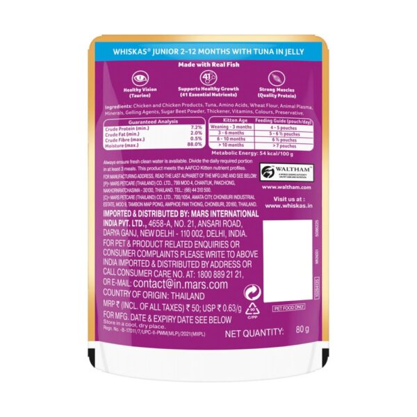 61kBXjDQkxL._SL1000_.jpg Whiskas Junior Kitten (2-12 Months) Wet Cat Food, Tuna in Jelly, 80 g (Pack of 14), Hydrating Food Made With Real Fish, 100% Complete & Balanced Nutrition for Kittens