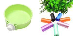 Round Cage Hanging Pet Bowl for Dog and Cat Food with Plastic Lock (Green) and Pet Waste Trash Bags for Dogs, Puppy, Cats and Other Animals, Biodegradable, Pack of 5 Rolls (75 Bags) Combo Pack