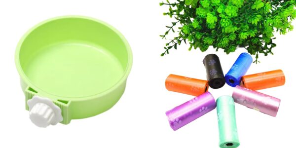 Round Cage Hanging Pet Bowl for Dog and Cat Food Round Cage Hanging Pet Bowl for Dog and Cat Food with Plastic Lock (Green) and Pet Waste Trash Bags for Dogs, Puppy, Cats and Other Animals, Biodegradable, Pack of 5 Rolls (75 Bags) Combo Pack