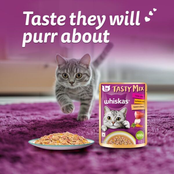 61ldYXMM94L._SL1100_.jpg Whiskas Tasty Mix Adult (1+ Year) Wet Cat Food, Tuna with Kanikama & Carrot in Gravy, 70g, Pack of 28| Made with Real Fish| Complete & Balanced Nutrition for Adult Cat