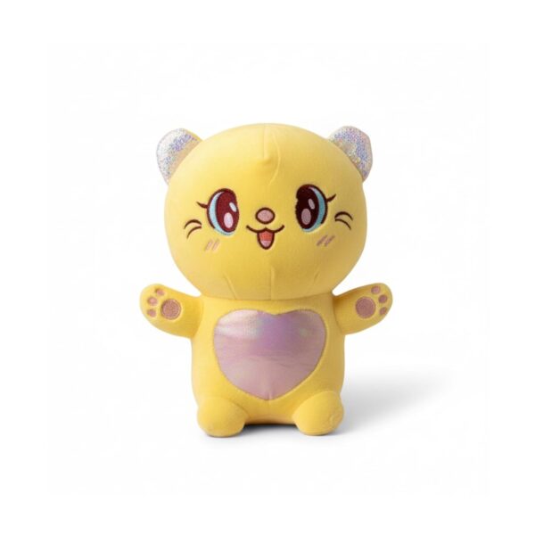 Tukkle Cat Soft Toy - 30cm Cute Plush with Shiny Heart & Sequined Ears (Assorted - Pack of 1) Yellow, Grey & Pink for Kids, Adults, Birthday, Anniversaries, Return Gift, Valentine's Day