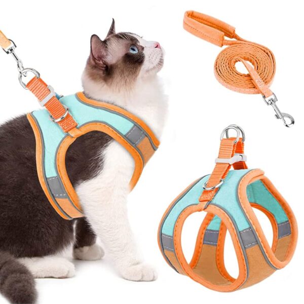 Qpets® Cat Harness with Leash for Walking, Adjustable Soft Sturdy Qpets® Cat Harness with Leash for Walking, Adjustable Soft Sturdy Faux Suede Escape Proof Kitten Vest Harness and Leash with Reflective Strip for Large Medium Small Cat(Green, Orang, M)