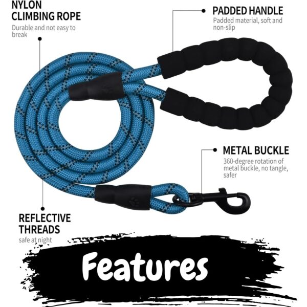 61n8KUZm7XL._SL1080_.jpg 4 Ft Heavy‑Duty Reflective Dog Leash – Soft Padded Handle + 360° Swivel Clip – Strong Nylon Rope, Tangle‑Free, Safe Night Walks – Ideal for, Medium & Large Dogs (Aqua Woof, 4 Feet)