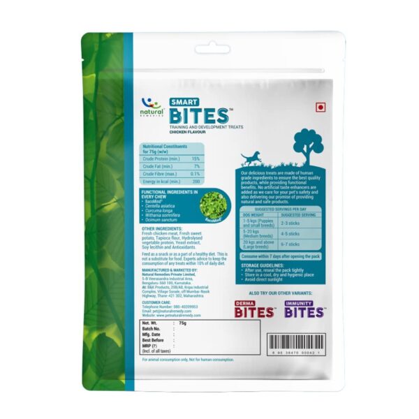 61nJ9frmaEL._SL1100_.jpg Natural Remedies Smart Bites - Training & Development Treats for Dogs & Puppies of All Breeds, Easily Digestible Soft Chew Short Sticks, Grain & Gluten-Free, Chicken Flavor, 75g (Pack of 3)