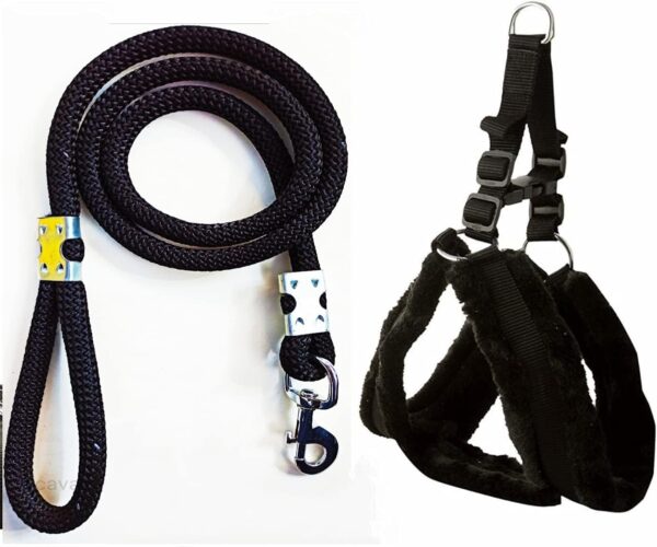 Dog Belt Combo of Nylon Fur Padded Dog Harness with Black Dog Lead Specially for Medium Breeds Dog Harness (Pack of 1)