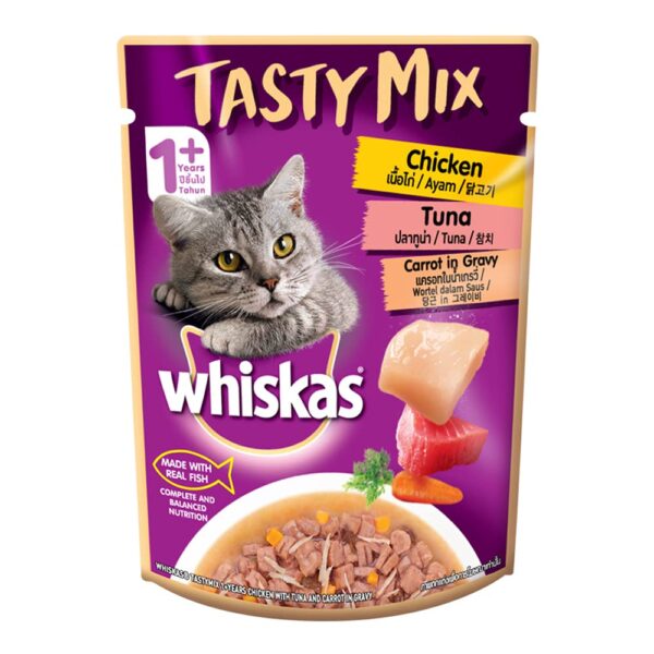 61oncj1QfgL._SL1000_.jpg Whiskas Tasty Mix, Adult (1+ Years) Wet Cat Food with Real Fish, Chicken with Tuna and Carrot in Gravy Flavour, 12 x 70 g Pouches