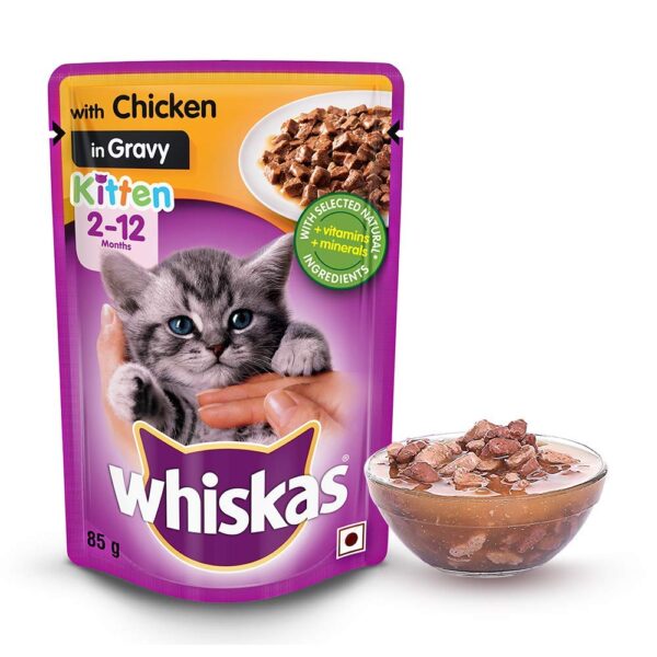 Whiskas Wet Food for Kittens (2-12 Months), Chicken in Gravy Flavour, 12 Pouches (12 x 85g)
