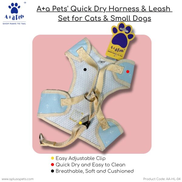 A+a Pets' Cat, Puppy and Small Dog Harness and Leash Set(Combo) - Quick Dry | Escape-Friendly | Comfortable Fit (Sky Blue Print, XS)