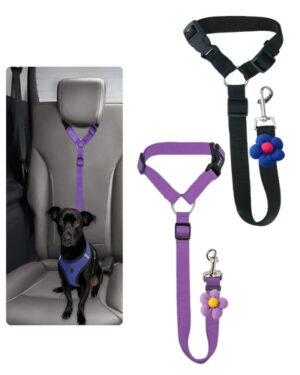 2 PCS Dog Seat Belt, Adjustable Car Safety Leash for 2 PCS Dog Seat Belt, Adjustable Car Safety Leash for Pets, Convertible Vehicle Restraint with Secure Lock, Dual Use Harness for Medium to Large Dogs, Travel Accessories (Black & Purple)