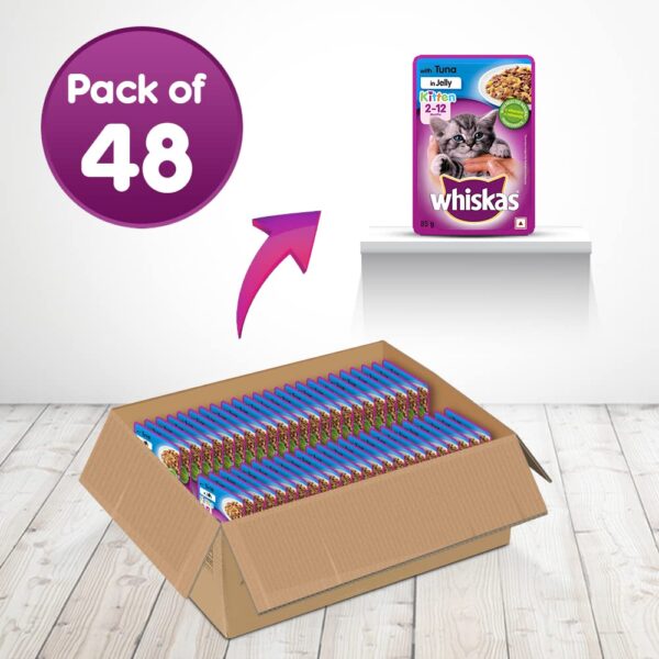 61s-cepX00L._SL1000_.jpg Whiskas Wet Food for Kittens (2-12 Months), Tuna in Jelly Flavour, 48 Pouches (48 x 85g)&Whiskas Dry Food for Kittens (2-12 Months), Ocean Fish Flavour, 450g Pack