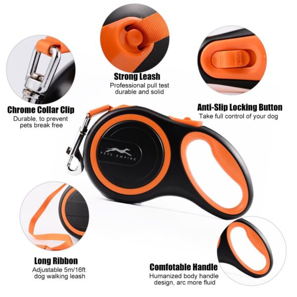 Pets Empire Retractable Dog Leash Walking Jogging Training Leash with Polyester Tape with Hand Grip and One Button Brake & Lock (Medium) 5mm / 16 Feet Long Orange Color