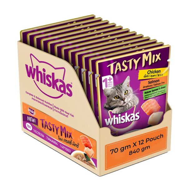 Whiskas Adult (1+ year) Tasty Mix Wet Cat Food Made Whiskas Adult (1+ year) Tasty Mix Wet Cat Food Made With Real Fish, Chicken With Salmon Wakame Seaweed in Gravy - Pack of 12 (70g x 12)