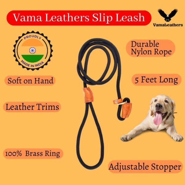 Vama Leathers Dogs British Style Training Leash Slip Leash Adjustable LengthIStrong & Durable Training Show LeashISoft Nylon RopeILeather TrimsIMade In IndiaI5 Feet X 1 CmIBlack