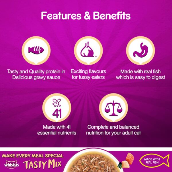 61vSIqIhDcL._SL1000_.jpg Whiskas Adult (1+ year) Tasty Mix Wet Cat Food Made With Real Fish, Chicken With Salmon Wakame Seaweed in Gravy - Pack of 12 (70g x 12)